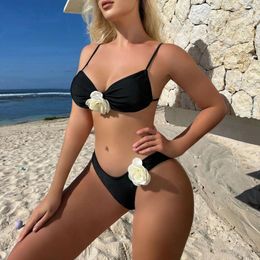 Women's Swimwear Fashion 3D Flower Women Bikini Set Summer Swimsuits Embellished Back Tie-Up Padded Bra Thong Beach Bathing Suit Wear