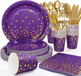 Disposable Dinnerware Purple Gold Point Printed Tableware Plates Party Decor Paper Cups Happy Girls Birthday Supplies for Children Q240507