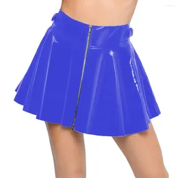 Skirts Ladies Zipper High Waist Mini Pleated Skirt Women Sexy Shiny PVC Leather Wet Look Nightclub Short A-line Female Clubwear