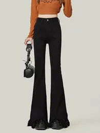 Women's Jeans Solid Color High Waist Casual Women Black Tassel Flare Pants Female Fashion Street Slim Simple Basic Woman Chic