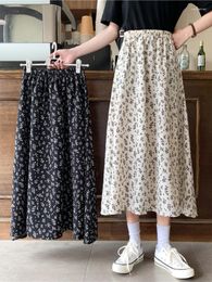 Skirts Retro Floral Skirt For Women 2024 Summer High Waist Slim Long A-Line Black Temperament Elastic Ladies Clothing