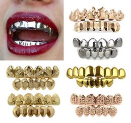 18K Real Gold Braces Punk Hip Hop Teeth Grillz Dental Mouth Fang Grills Up Bottom Tooth Cap Cosplay Party Rapper Jewelry Gifts Who3302879
