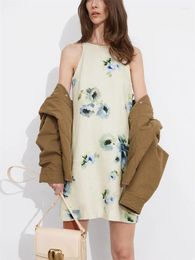 Casual Dresses Sleeveless Women Floral Print Mini Dress Fashion Round Neck Slim Female Linen Robe Summer 2024