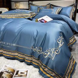 Cool Ice Silk Light Luxury 4Pcs Bed Sheet Duvet Cover Set Tencel Feeling Bedding Embroidery Home Textile 240508