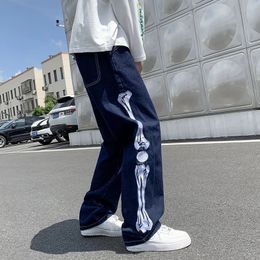 Jeans Men Skeleton Baggy Casual Jean Pants Mens Japan Style Streetwear Wide Leg Denim Trousers Male Vintage Blue Denim Pants 240428