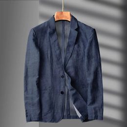 Navy Blue Linen Blazer Men Summer Casual Suit Single Jacket For Black Spring And Autumn Business 240422