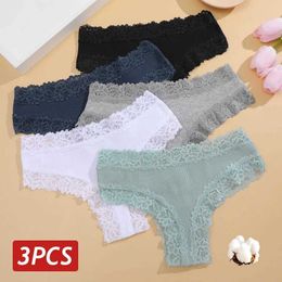 Womens Panties 3 piecesset of sexy lace seamless cotton Brazilian underwear for women with ribbons close fitting breathable underwear low waisted womens cotton un