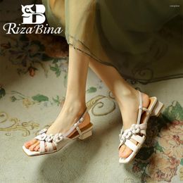 Casual Shoes RIZABINA Real Leather Women Sandals Square Toe Flower Decoration Low Heel Slingback 2024 Summer Elegant Prom Wedding