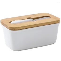 Storage Bottles Butter Sealing Box Ceramic Plate With Wood Lid And Knife Cheese Tray Dish Container