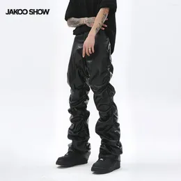 Men's Pants Punk Motorcycle Pleated Pu Leather High Street American Slim Straight Trousers For Men And Women