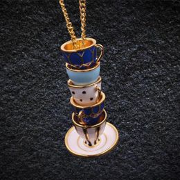 Pendant Necklaces Long Tea Cups Stack Necklace Hand Made Teacup Sweater Chain Stereoscopic Enamel Jewellery Women Collar5953747