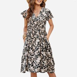 Casual Dresses Women Beach Party Summer V Neck Ruffles Tunic Dress With Pocket A Line Floral Print Robe Sundress Ropa De Mujer