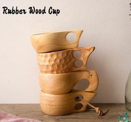 Nordic Style 4 Kinds Rubber Wood Tea mugs with Handles Kuksa Wooden Coffee cups with Rope Two Holes Handmade Portable Drinking Wat4054347