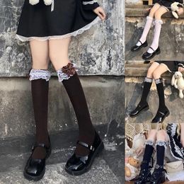 Women Socks Girls Sweet Black White Knee High Bowknot Ruffled Frilly Lace Trim Japanese Student Cotton Stockings