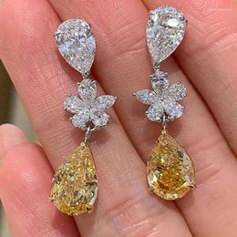 Dangle Earrings Aesthetic Bride Wedding With Pear Yellow Cubic Zirconia Flower Design For Women Luxury Trendy Jewellery