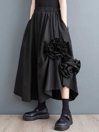 Skirts Black Retro High Waist Womens Wear New Irregular Spliced Flower Plus Size Fashion Loose Casual Midi Dress Summer 2024L2405