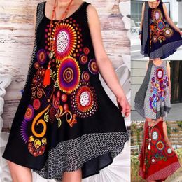 Casual Dresses Women Vest Dress Leisure Ethnic Style Print Sleeveless Irregular Hem Loose Summer Breathable Round Neck Ladies