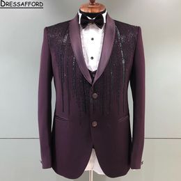 Burgundy Handmade Beading Blazers Men Suits Fashion Banquet 2 Piece Business Jacket Pants Trousers
