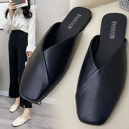 Women Mules 2023 Summer Elegant Square Closed Toe Flat Slippers Female Shoes Casual Leather Black White Slides Plus Size 3543 240507