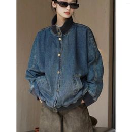 Women's Jackets Autumn American Retro Street Style Stand Up Collar Denim Motorcycle Jacket Loose Silhouette Casual