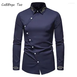 Men's Casual Shirts Spring Trendy Embroidery Asymmetric Solid Colour Slim Fit Comfortable Long Sleeved Shirt Western Denim Top