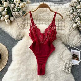 Women's Jumpsuits Rompers Womens V-neck Sexy Elegant Lace Camisole Jumpsuit Hollowed Transparent Tight Fitting Pajama Adjustable Shoulder Straps Hotsweet d240507