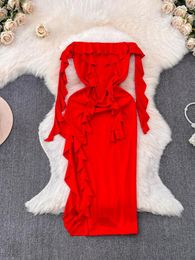 Casual Dresses Foamlina Fashion Summer Red Strapless Dress For Women Sexy Sleeveless Ribbons Ruffled Slim Waist Side High Split Party