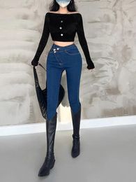Women's Jeans Waist TVVOVVIN Irregular High Design Feeling Tight Skinny Women Plush Pants Denim Pencil Trousers 4NEZ