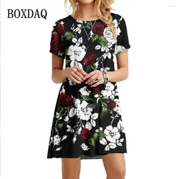 Casual Dresses Red 3D Rose Floral Printed Women Summer Loose Oversized Short Sleeve Dress Fashion Clothing Beach Vacation Mini