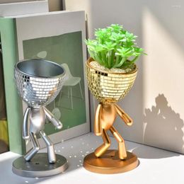 Vases Flower Pot Figurine Unique Walking Man Flowerpot With Mirror Disco Tiles Cactus Succulent Planter For Home Office