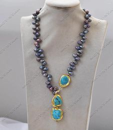 Pendant Necklaces Z13137 19'' 10mm Rice Peacock-Black Pearl Necklace Gold-Plated Rough Stone Turquoise