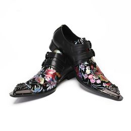 New Arrival Mens Shoes Black Print Flowers Leather Dress Shoes Man Buckles Slip on Formal Busienss, Party&Wedding Shoes