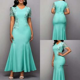 2020 Royal Mermaid Mother of The Bride Dresses Satin Applique Plus Size V Line Wedding Guest Dress Short Sleeve Elegant Evening Gowns 0508