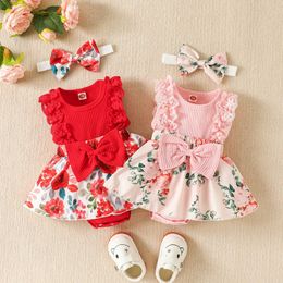 Rompers Cute Infant Baby Girls Romper Patchwork Jumpsuit Flower Print Lace Ruffled Bowknot Front Dress Romper Headband H240508