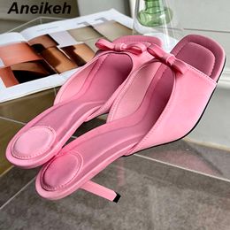 Slipper Mules Low High Heels Shoes 2024 Summer Best Street Look Females Square Head Open Toe bow Strappy Sandals Women