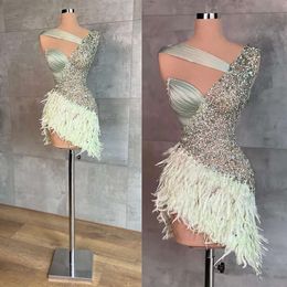 Art Deco-Inspired Prom Glamorous Dresses Neck Mermaid Sleeveless Satin Sequins With Feather Short Skirt Zipper Custom Made Evening Dress Plus Size