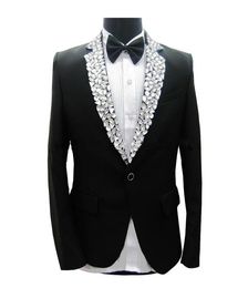 Black Men's jacket Sparkly Rhines Slim Blazers Formal Studio Groom Wedding Dresses Prom Party Male Singer Stage Performance Costume3083149