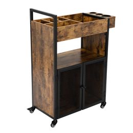 3-Tier Salon Trolley, Rolling Beauty Stylist Cart with Cabinet, Dryer Holders, Charging Station, Salon Spa Bathroom, Rustic Brown