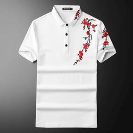 Men's Polos Mens Polo Shirt Fashion Flower Print Plum Blossom Pattern Short sleeved Top Summer New Holiday Street Breathable Clothing Q240508