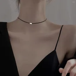 Choker All-matching Vintage Black Wax Rope Stainless Steel Rectangular Block Metal Non-fading Collar Neck With Necklace
