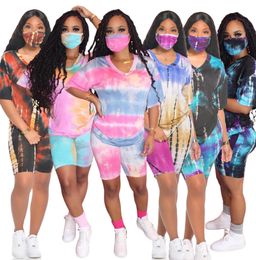 Summer 2 Two Piece Outfits Tie Dye Set Casual Tracksuit With Face Mask Women Clothes Short Sleeve TShirt Suits Plus Size3740598