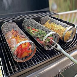 Grills Barbecue Cages Barbecue Grill Grate Camping Picnic Cookware Outdoor Round BBQ Campfire Grill Grid Rolling Grill Basket