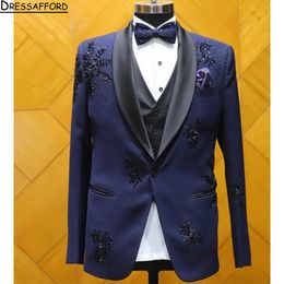 Royal Blue Blazers Men Suits Sequined Appliques Crystal Fashion Banquet 2 Piece Business Jacket Pants Trousers