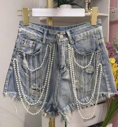Women 2020 New Summer Rhine Pearls Tassels Beads High Waist Denim Shorts Female Casual Wide Leg Jeans Chic Wild Shorts Y10919785562