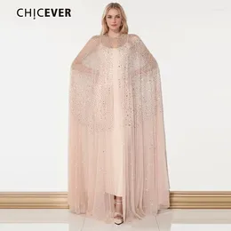 Casual Dresses CHICEVER Patchwork Sequins For Women O Neck Cloak Sleeves High Waist Oversize Hit Colour Folds Mesh Dress Spring Female