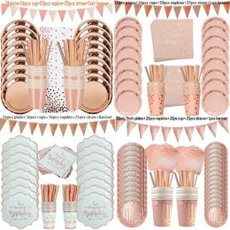Disposable Dinnerware Rose Gold Happy Birthday Printing Point Tablet Set Cardboard Cup Party Decoration Girl Children Baby Shower Q240507