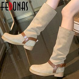 Boots FEDONAS Retro Low Heels Women Knee-High Genuine Leather Belt Buckle Office Lady Shoes Woman Western Autumn Winter
