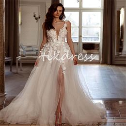 Charming Lace Boho Wedding Dresses 2024 Spaghetti Straps Applique Lace Fairy Gatsby Celtic Bride Dress Elegant Backless Florals Slit Tulle Vestio De Novia Greek