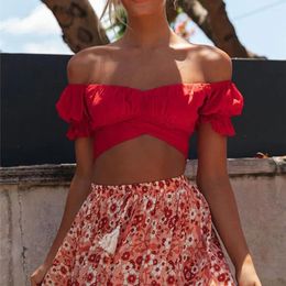 Women's Tanks Women Summer Ruffle Trim Short Sleeve Tie Up Bow Ruched Backless Off Shoulder Ladies Girls Crop Tops Blouse