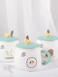 Mugs Creative Rural Style Bird Mug Cartoon Hand Drawn Ceramic Cup With Lid Spoon Breakfast Coffee Gift Water